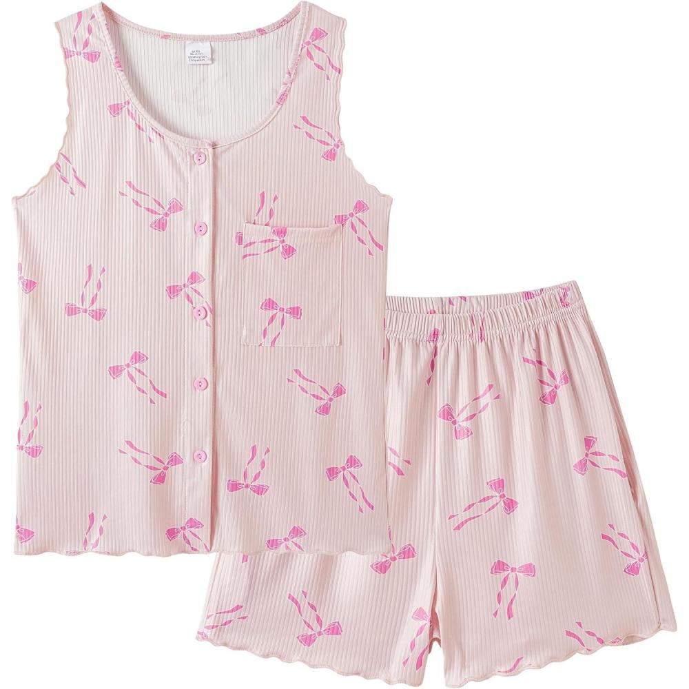 imageVopmocld Girls Button Down Pajama Sets Sleeveless Tank Top with Shorts for Teen Girls Summer Casual Clothes LoungewearPink Bowknot