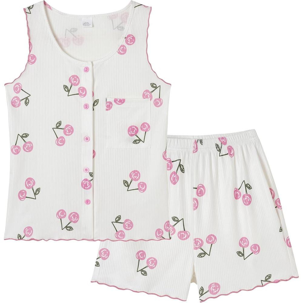 imageVopmocld Girls Button Down Pajama Sets Sleeveless Tank Top with Shorts for Teen Girls Summer Casual Clothes LoungewearPink Cherry