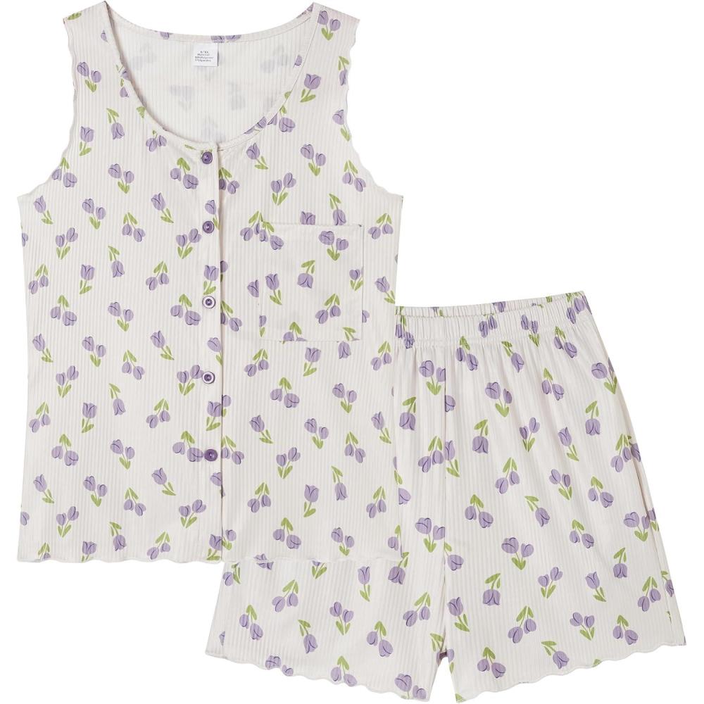 imageVopmocld Girls Button Down Pajama Sets Sleeveless Tank Top with Shorts for Teen Girls Summer Casual Clothes LoungewearPurple Tulip
