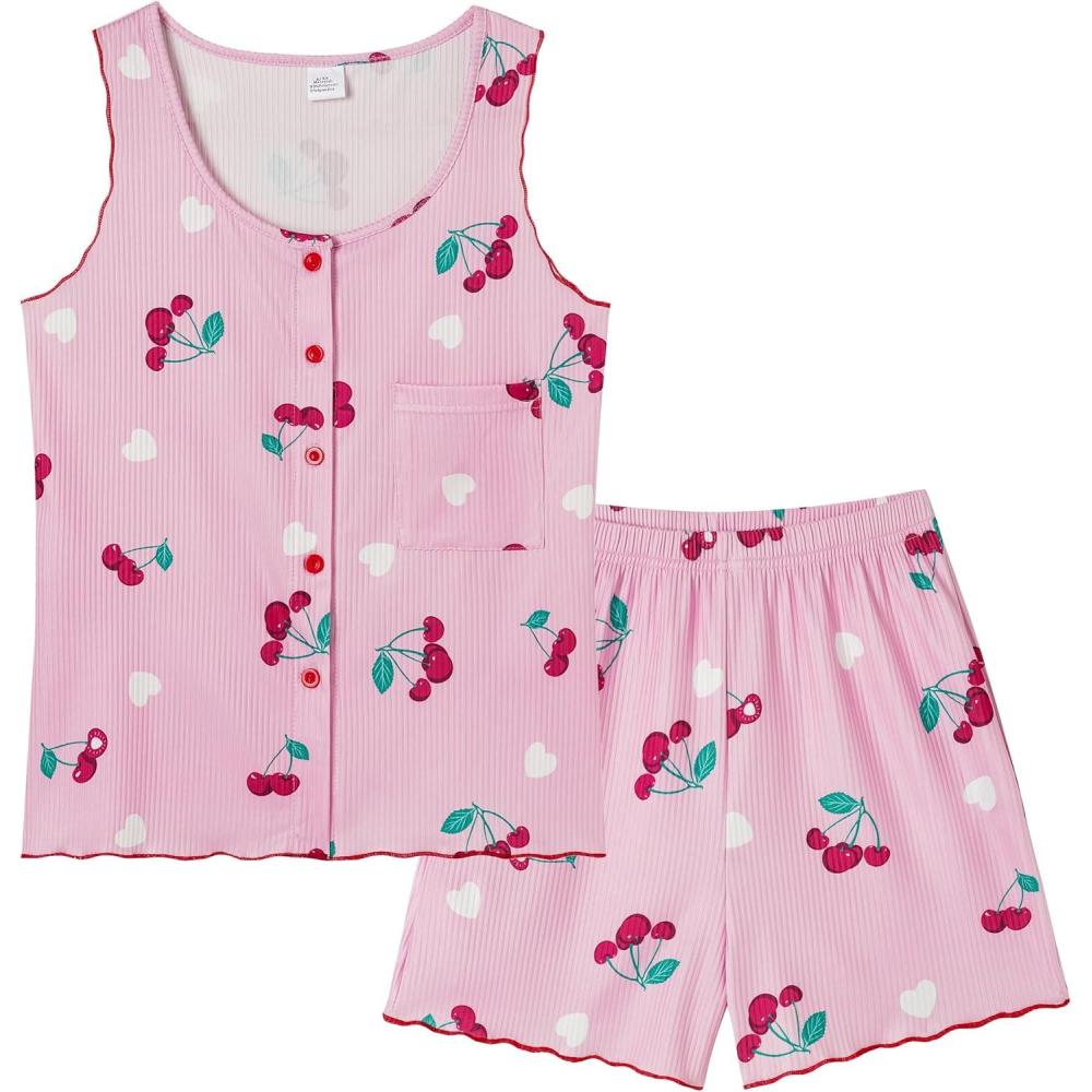 imageVopmocld Girls Button Down Pajama Sets Sleeveless Tank Top with Shorts for Teen Girls Summer Casual Clothes LoungewearRed Cherry