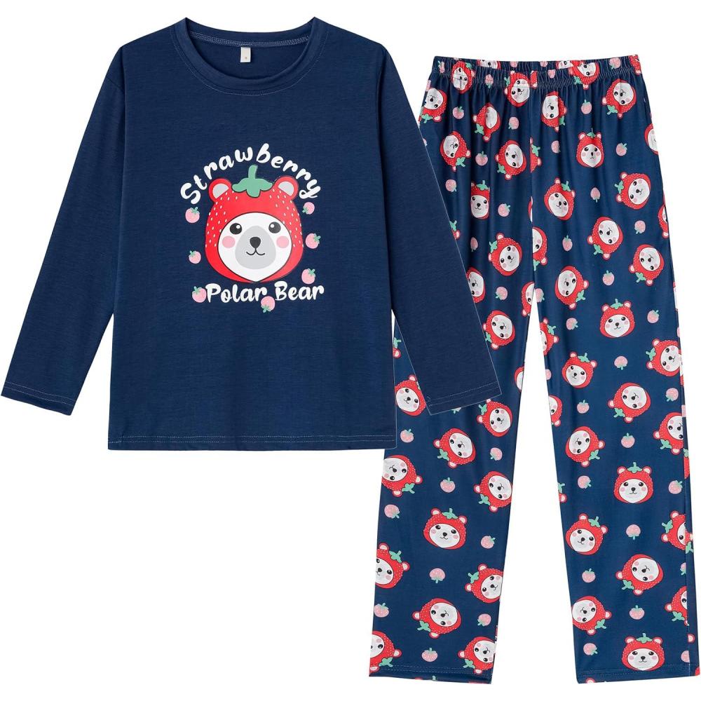 imageVopmocld Young Girls Lovely Bunny Pajama Sets Cotton Long Sleeve Pjs Clothes Sleepwear ShirtsStrawberry Bear