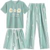 Vopmocld Big Girls’ Short Sleeve & Shorts & Pants Pajama Sets 3PCS Cartoon Patterns Cute Lounge Sets for Teens 8-18 Years(3pcs-daisy Green)