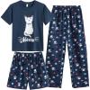 Vopmocld Big Girls’ Short Sleeve & Shorts & Pants Pajama Sets 3PCS Cartoon Patterns Cute Lounge Sets for Teens 8-18 Years(3pcs-navy Cat)