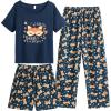 Vopmocld Big Girls’ Short Sleeve & Shorts & Pants Pajama Sets 3PCS Cartoon Patterns Cute Lounge Sets for Teens 8-18 Years(3pcs-navy Fox)