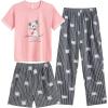 Vopmocld Big Girls’ Short Sleeve & Shorts & Pants Pajama Sets 3PCS Cartoon Patterns Cute Lounge Sets for Teens 8-18 Years(3pcs-striped Cat)