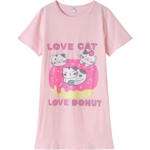 Vopmocld Big Girls’ Cute Happy Cat Sleepwear Short Sleeve Summer Soft Nightgown(Donut-cat)