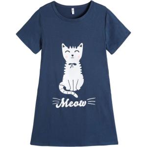 Vopmocld Big Girls’ Cute Happy Cat Sleepwear Short Sleeve Summer Soft Nightgown(Navy-cat)