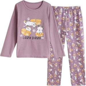 Vopmocld Big Girls Cute Pajama Sets Long Sleeve Lovely Sleepwear 2 Piece PJS Multiple Cartoon Jammies(Lazy Cat)