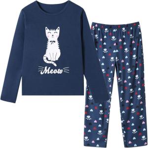 Vopmocld Big Girls Cute Pajama Sets Long Sleeve Lovely Sleepwear 2 Piece PJS Multiple Cartoon Jammies(Navy Cat)