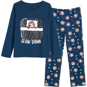 Vopmocld Big Girls Cute Pajama Sets Long Sleeve Lovely Sleepwear 2 Piece PJS Multiple Cartoon Jammies(Navy Sloth)