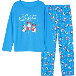 Vopmocld Big Girls Cute Pajama Sets Long Sleeve Lovely Sleepwear 2 Piece PJS Multiple Cartoon Jammies(Xmas Cats)