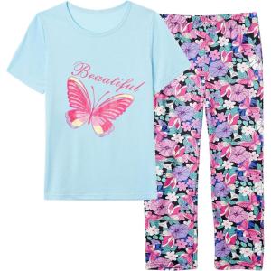 Vopmocld Big Girls’ Short Sleeve Long Pants Pajama Sets 2PCS Cartoon Pattern & Letters Printed Sleepwear Lounge for Teens(Butterfly)