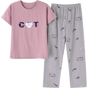 Vopmocld Big Girls’ Short Sleeve Long Pants Pajama Sets 2PCS Cartoon Pattern & Letters Printed Sleepwear Lounge for Teens(Cat)