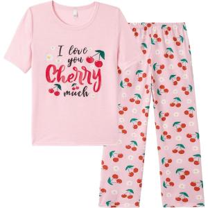 Vopmocld Big Girls’ Short Sleeve Long Pants Pajama Sets 2PCS Cartoon Pattern & Letters Printed Sleepwear Lounge for Teens(Cherry-pink)