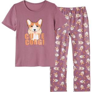 Vopmocld Big Girls’ Short Sleeve Long Pants Pajama Sets 2PCS Cartoon Pattern & Letters Printed Sleepwear Lounge for Teens(Cute Corgi)