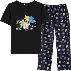 Vopmocld Big Girls’ Short Sleeve Long Pants Pajama Sets 2PCS Cartoon Pattern & Letters Printed Sleepwear Lounge for Teens(Floral-black)