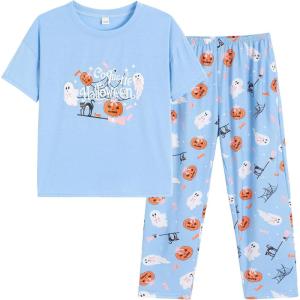 Vopmocld Big Girls’ Short Sleeve Long Pants Pajama Sets 2PCS Cartoon Pattern & Letters Printed Sleepwear Lounge for Teens(Ghost Bowknot)