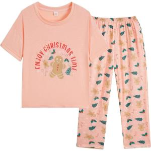 Vopmocld Big Girls’ Short Sleeve Long Pants Pajama Sets 2PCS Cartoon Pattern & Letters Printed Sleepwear Lounge for Teens(Gingerbread)