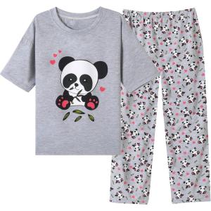 Vopmocld Big Girls’ Short Sleeve Long Pants Pajama Sets 2PCS Cartoon Pattern & Letters Printed Sleepwear Lounge for Teens(Gray Panda)