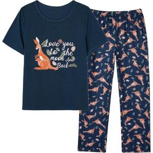 Vopmocld Big Girls’ Short Sleeve Long Pants Pajama Sets 2PCS Cartoon Pattern & Letters Printed Sleepwear Lounge for Teens(Kangaroo)