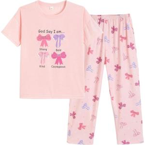 Vopmocld Big Girls’ Short Sleeve Long Pants Pajama Sets 2PCS Cartoon Pattern & Letters Printed Sleepwear Lounge for Teens(Letters Bowknot)