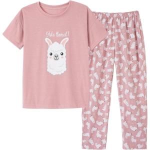 Vopmocld Big Girls’ Short Sleeve Long Pants Pajama Sets 2PCS Cartoon Pattern & Letters Printed Sleepwear Lounge for Teens(Llama)
