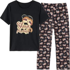 Vopmocld Big Girls’ Short Sleeve Long Pants Pajama Sets 2PCS Cartoon Pattern & Letters Printed Sleepwear Lounge for Teens(Mask Sloth)