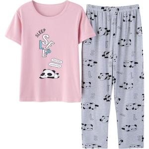 Vopmocld Big Girls’ Short Sleeve Long Pants Pajama Sets 2PCS Cartoon Pattern & Letters Printed Sleepwear Lounge for Teens(Panda)