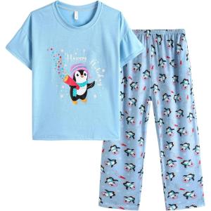 Vopmocld Big Girls’ Short Sleeve Long Pants Pajama Sets 2PCS Cartoon Pattern & Letters Printed Sleepwear Lounge for Teens(Penguin)