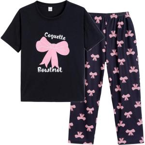 Vopmocld Big Girls’ Short Sleeve Long Pants Pajama Sets 2PCS Cartoon Pattern & Letters Printed Sleepwear Lounge for Teens(Pink Bowknot)
