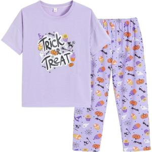 Vopmocld Big Girls’ Short Sleeve Long Pants Pajama Sets 2PCS Cartoon Pattern & Letters Printed Sleepwear Lounge for Teens(Purple Cake)