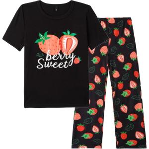 Vopmocld Big Girls’ Short Sleeve Long Pants Pajama Sets 2PCS Cartoon Pattern & Letters Printed Sleepwear Lounge for Teens(Strawberry-black)