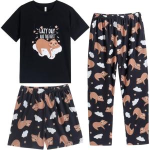 Vopmocld Big Girls’ Short Sleeve & Shorts & Pants Pajama Sets 3PCS Cartoon Patterns Cute Lounge Sets for Teens 8-18 Years(3pcs-cloud Sloth)