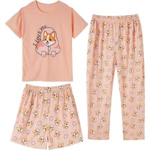 Vopmocld Big Girls’ Short Sleeve & Shorts & Pants Pajama Sets 3PCS Cartoon Patterns Cute Lounge Sets for Teens 8-18 Years(3pcs-corgi)