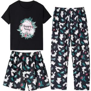 Vopmocld Big Girls’ Short Sleeve & Shorts & Pants Pajama Sets 3PCS Cartoon Patterns Cute Lounge Sets for Teens 8-18 Years(3pcs-cute Bunny)