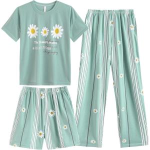 Vopmocld Big Girls’ Short Sleeve & Shorts & Pants Pajama Sets 3PCS Cartoon Patterns Cute Lounge Sets for Teens 8-18 Years(3pcs-daisy Green)