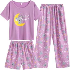 Vopmocld Big Girls’ Short Sleeve & Shorts & Pants Pajama Sets 3PCS Cartoon Patterns Cute Lounge Sets for Teens 8-18 Years(3pcs-dream Koala)