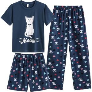 Vopmocld Big Girls’ Short Sleeve & Shorts & Pants Pajama Sets 3PCS Cartoon Patterns Cute Lounge Sets for Teens 8-18 Years(3pcs-navy Cat)
