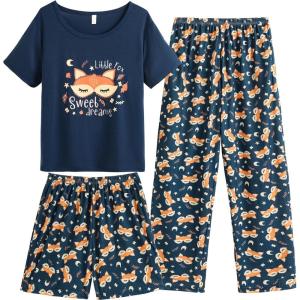 Vopmocld Big Girls’ Short Sleeve & Shorts & Pants Pajama Sets 3PCS Cartoon Patterns Cute Lounge Sets for Teens 8-18 Years(3pcs-navy Fox)
