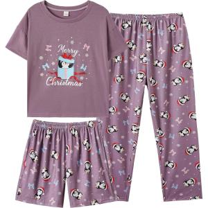 Vopmocld Big Girls’ Short Sleeve & Shorts & Pants Pajama Sets 3PCS Cartoon Patterns Cute Lounge Sets for Teens 8-18 Years(3pcs-penguin)