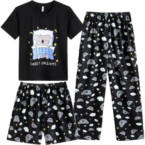 Vopmocld Big Girls’ Short Sleeve & Shorts & Pants Pajama Sets 3PCS Cartoon Patterns Cute Lounge Sets for Teens 8-18 Years(3pcs-sleep Koala)