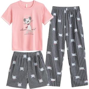 Vopmocld Big Girls’ Short Sleeve & Shorts & Pants Pajama Sets 3PCS Cartoon Patterns Cute Lounge Sets for Teens 8-18 Years(3pcs-striped Cat)