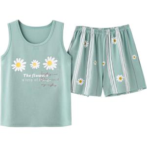 Vopmocld Big Girl’s Tank Top and Shorts Cotton Pajama Set Teens Cute Heart Shape Sleepwear Kids Clothes PJS(Floral)