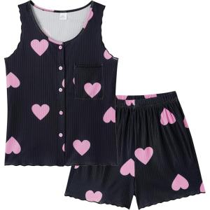 Vopmocld Girls Button Down Pajama Sets Sleeveless Tank Top with Shorts for Teen Girls Summer Casual Clothes Loungewear(Black Pink Hearts)