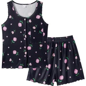Vopmocld Girls Button Down Pajama Sets Sleeveless Tank Top with Shorts for Teen Girls Summer Casual Clothes Loungewear(Black Rose)