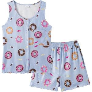 Vopmocld Girls Button Down Pajama Sets Sleeveless Tank Top with Shorts for Teen Girls Summer Casual Clothes Loungewear(Donut)
