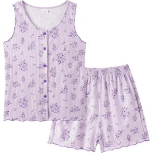 Vopmocld Girls Button Down Pajama Sets Sleeveless Tank Top with Shorts for Teen Girls Summer Casual Clothes Loungewear(Little Floral)