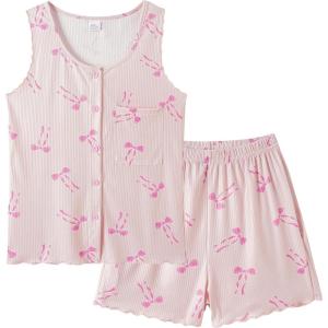Vopmocld Girls Button Down Pajama Sets Sleeveless Tank Top with Shorts for Teen Girls Summer Casual Clothes Loungewear(Pink Bowknot)