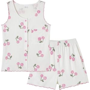 Vopmocld Girls Button Down Pajama Sets Sleeveless Tank Top with Shorts for Teen Girls Summer Casual Clothes Loungewear(Pink Cherry)