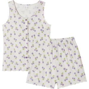 Vopmocld Girls Button Down Pajama Sets Sleeveless Tank Top with Shorts for Teen Girls Summer Casual Clothes Loungewear(Purple Tulip)